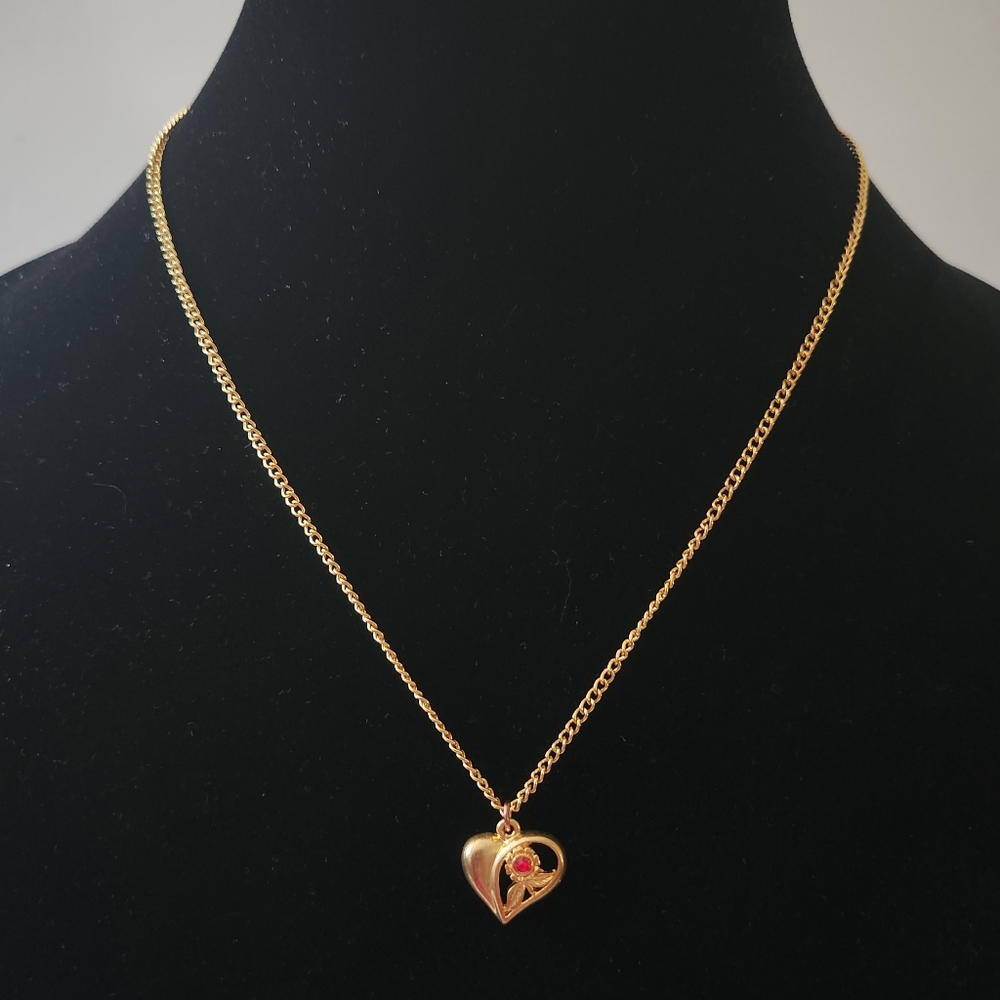 Floral Red Gem Gold Tone Heart Neacklace